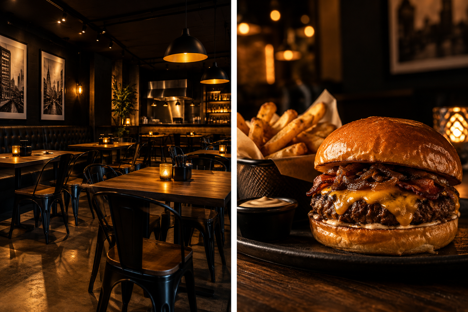 Ilustração: Interior noturno de gastrobar com mesas escuras e iluminação dourada.